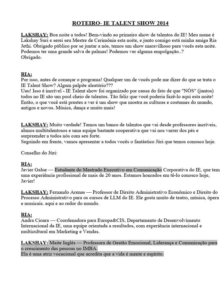 Roteiro Do Show De Talentos Pdf