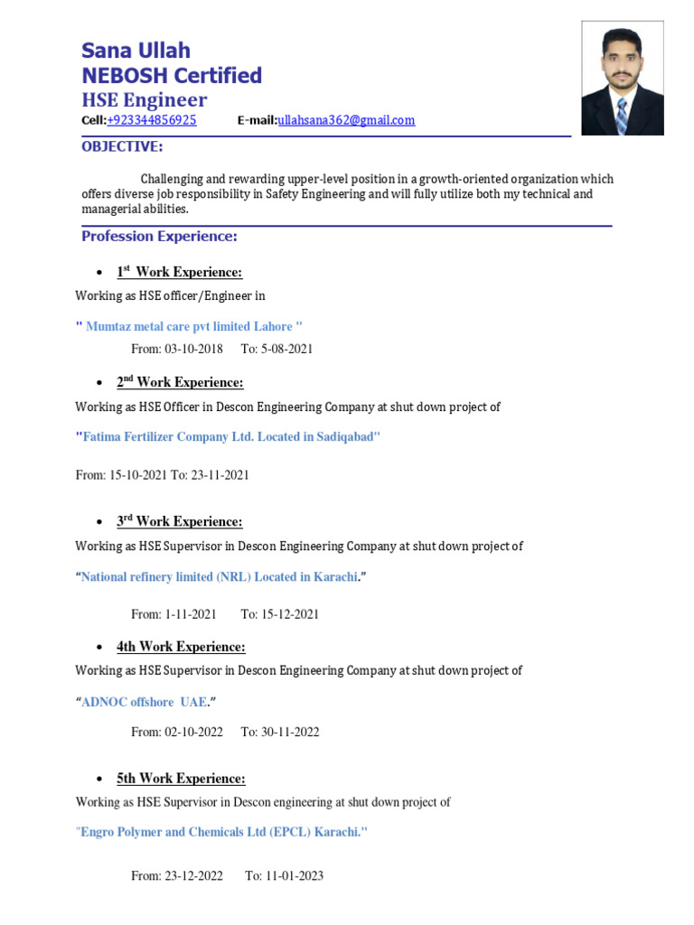HSE Engineer Resume: NEBOSH Certified | PDF