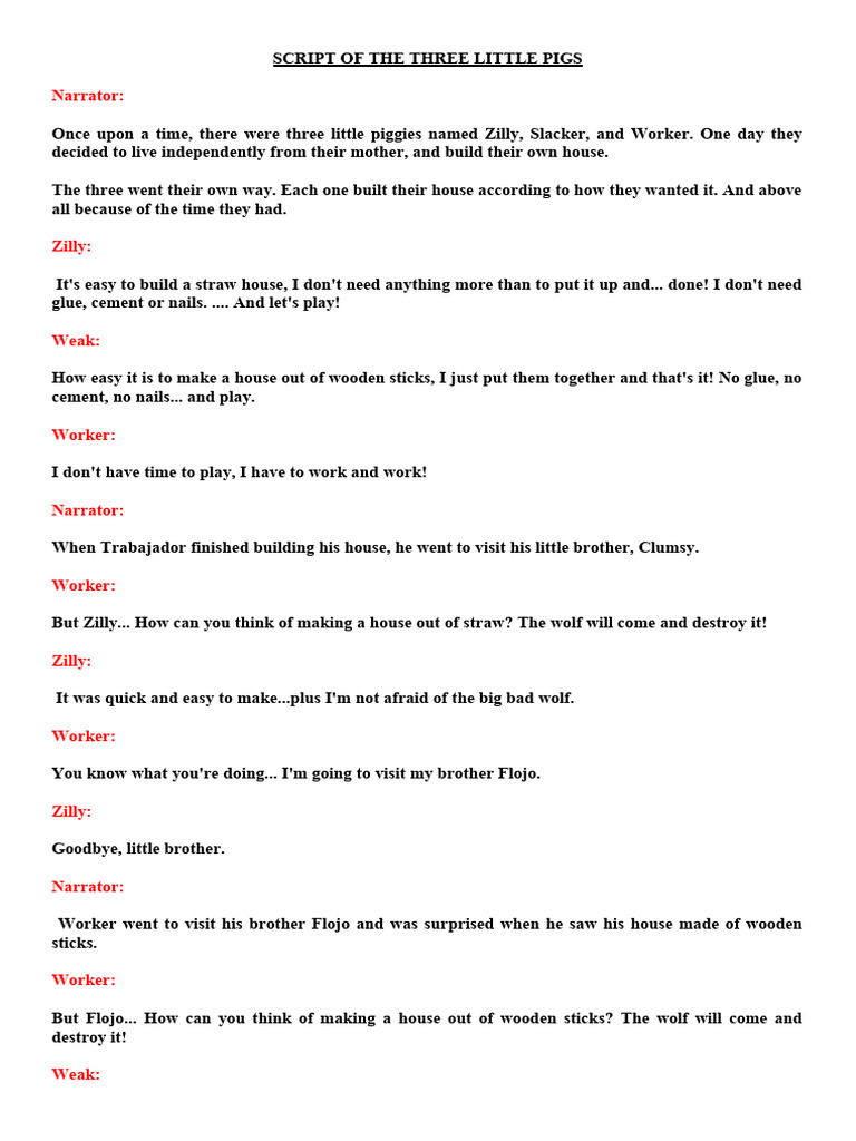 Three Little Pigs Play Script | PDF | Home & Garden | Mystery, Thriller ...