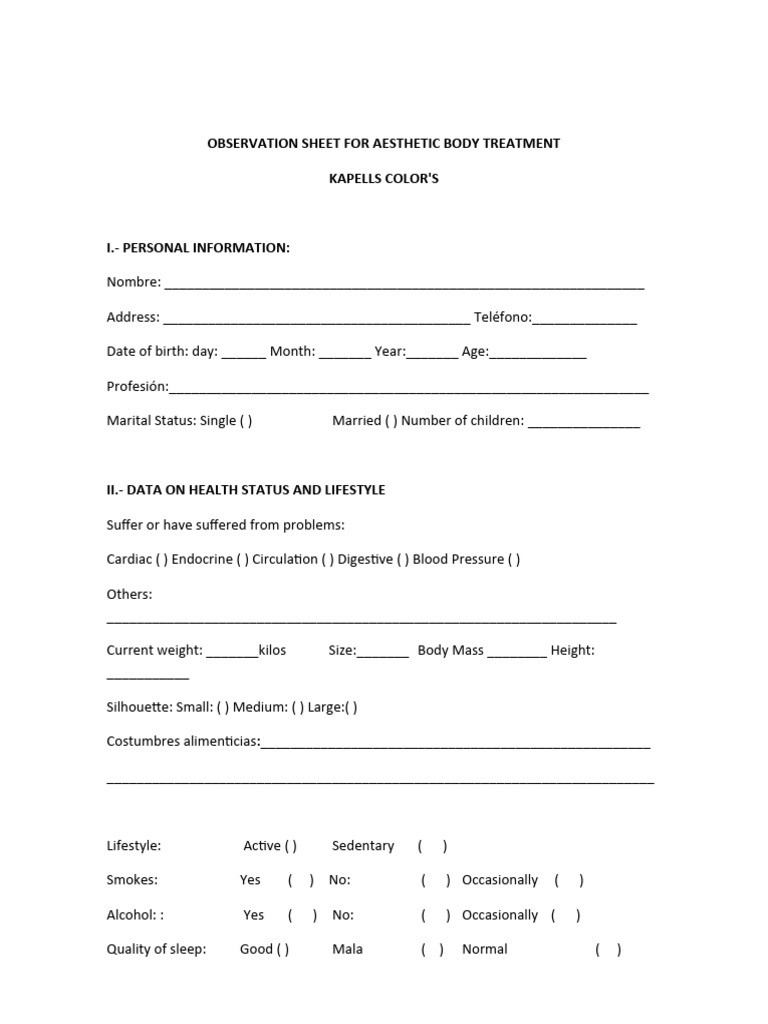 Aesthetic Body Treatment Observation Sheet | PDF | Clinical Medicine ...