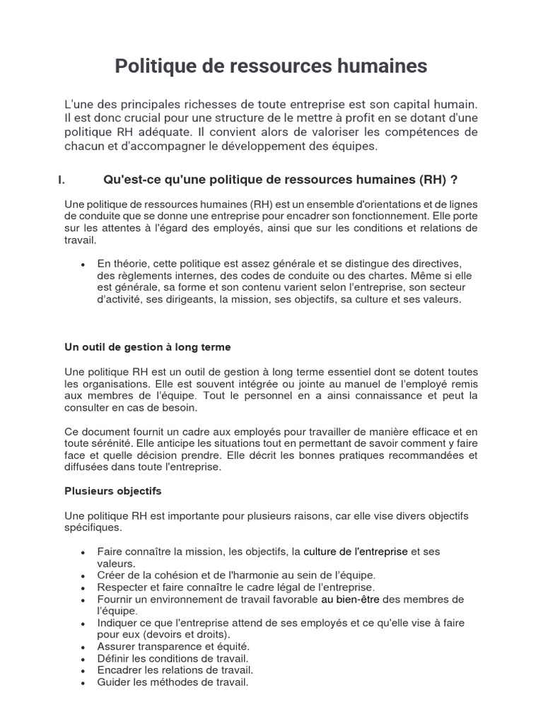Politique de Ressources Humaines Essentielle | PDF
