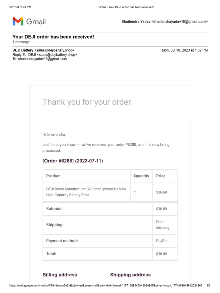 DEJI Order Confirmation #6288 | PDF