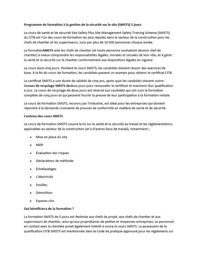 (SMSTS) 5 Jours | PDF