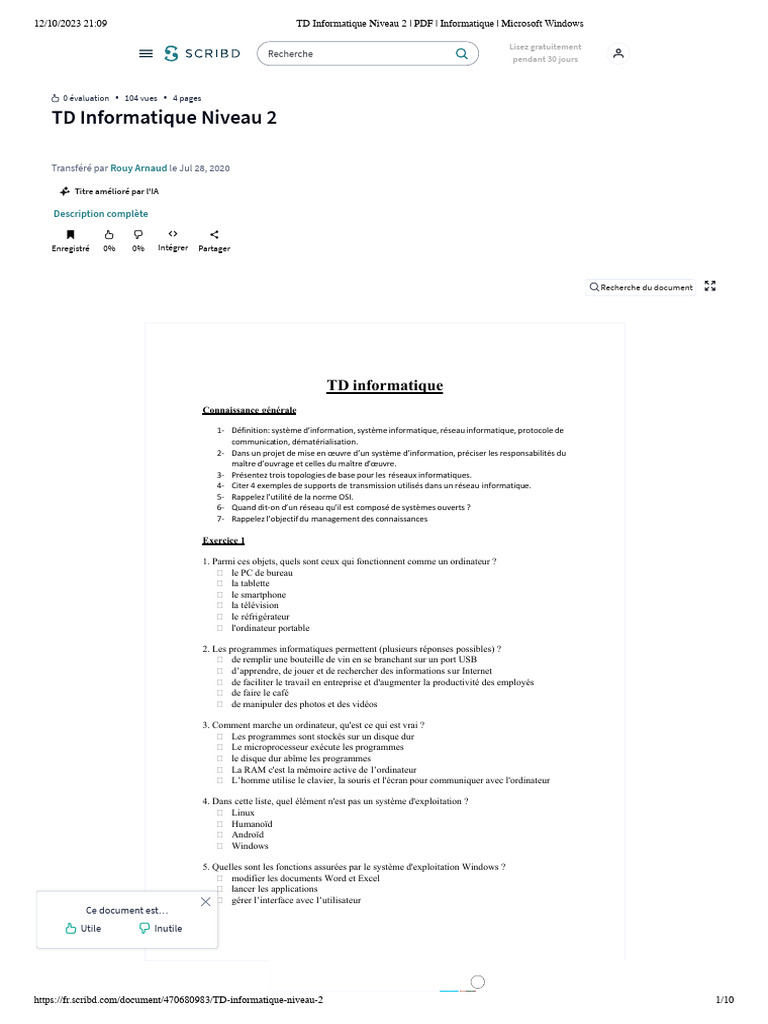 TD Informatique Niveau 2 | PDF | Informatique | Logiciel