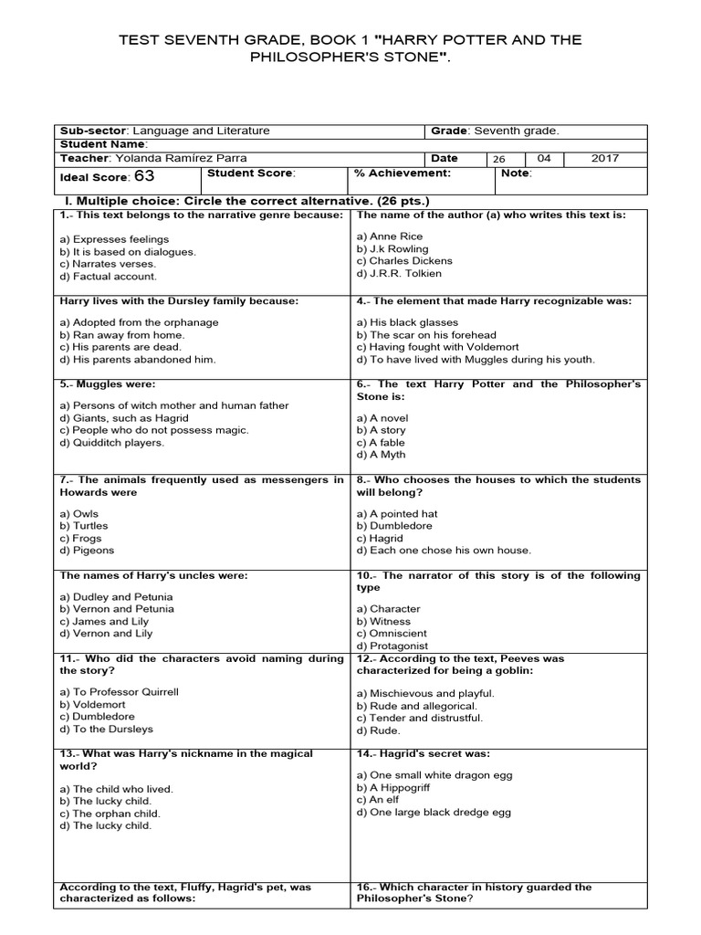 Seventh Grade Harry Potter Test | PDF | Harry Potter | J. K. Rowling
