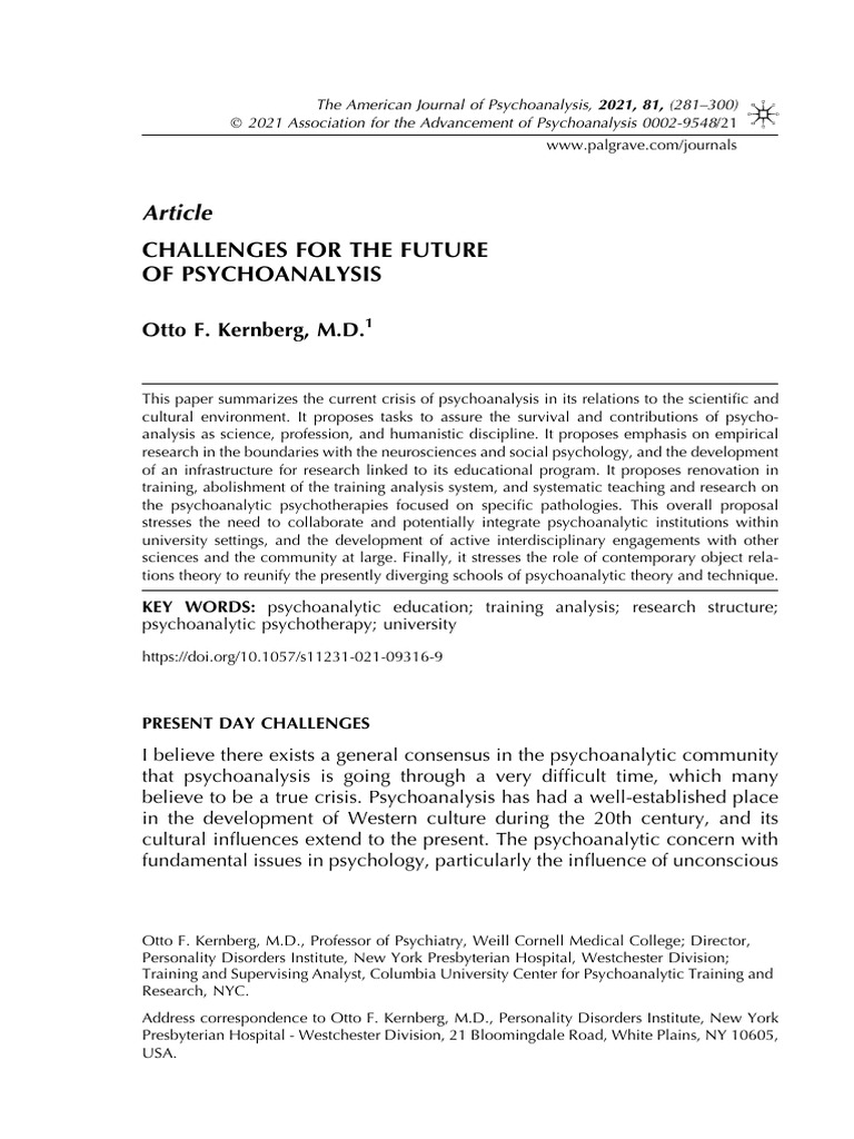 Kernberg O F (2021) Challenges For The Future of Psychoanalysis