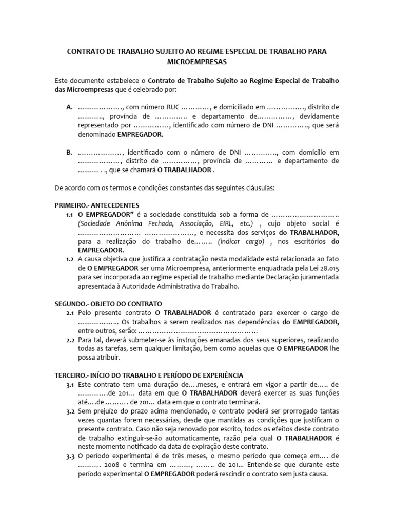Contrato de Trabalho para Microempresas | PDF | Classe trabalhadora ...