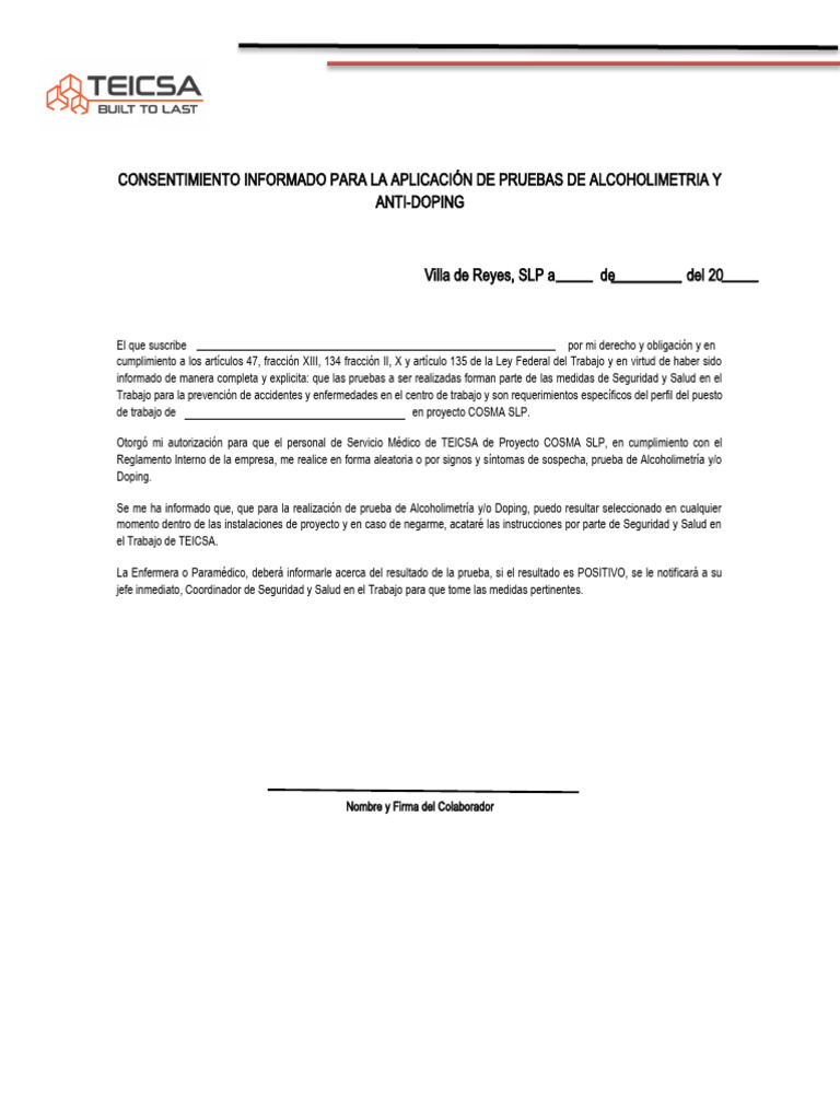 Consentimiento Informado Alcoholimetria Teicsa | PDF