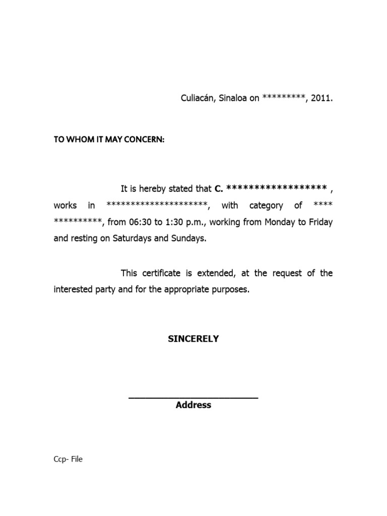 Work Certificate Format PDF