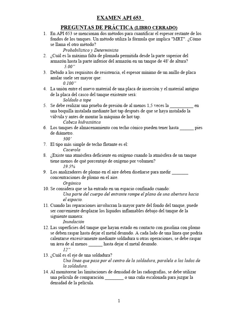 Libro Cerrado de Preguntas Del Examen Final API 653 Con Respuestas ...