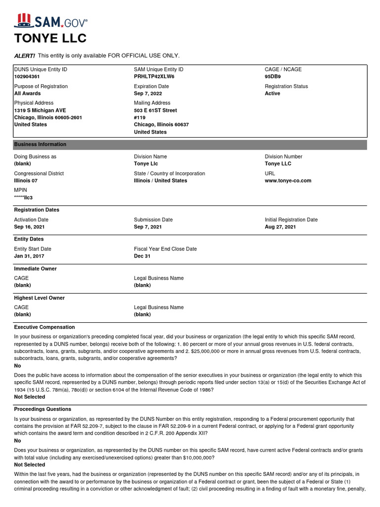 Tonye LLC SAM Registration Details | PDF | Banks | Business