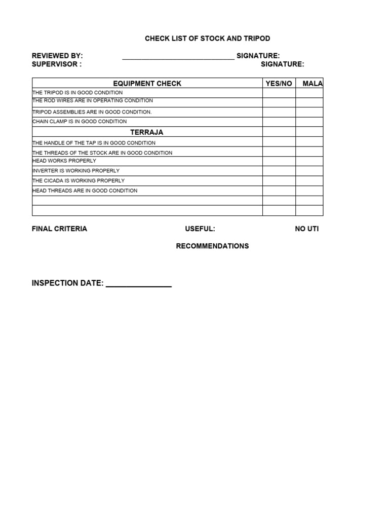 Check List Threading PDF Equipment Manufactured Goods