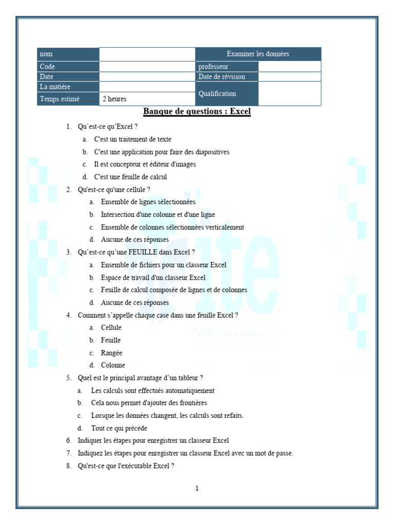 Quiz sur les bases d'Excel | PDF | Microsoft Excel | Feuille de calcul