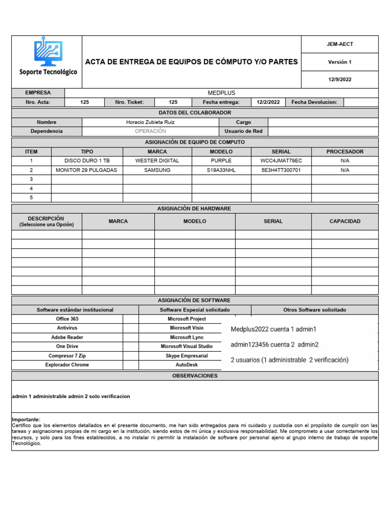 Acta de Entrega de Equipos de Cómputo Yo Partes | PDF | Microsoft ...