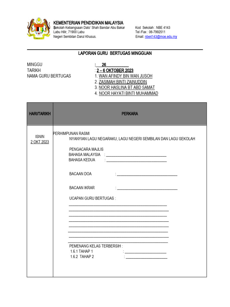 Laporan Guru Bertugas Mingguan Pdf