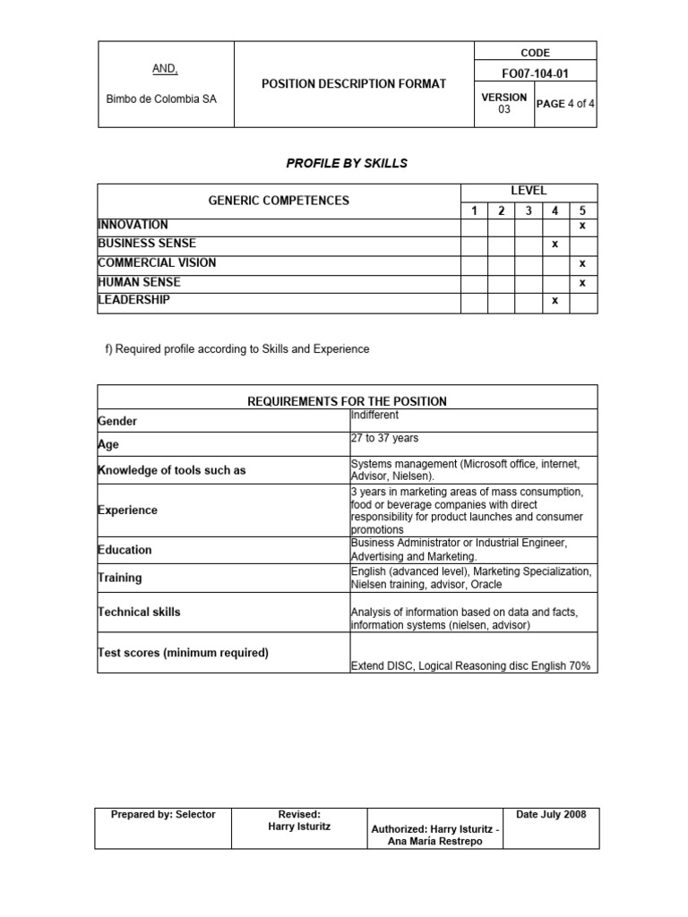 Bimbo position description pdf marketing sales
