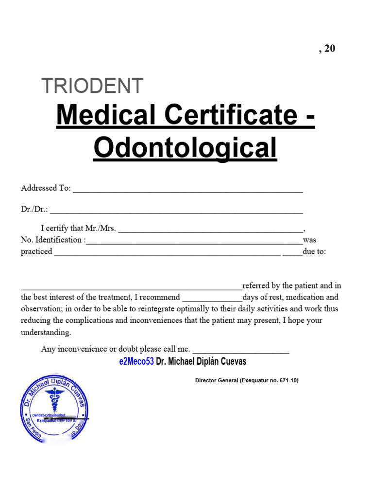 Dental Medical Certificate PDF Public Services Health Care