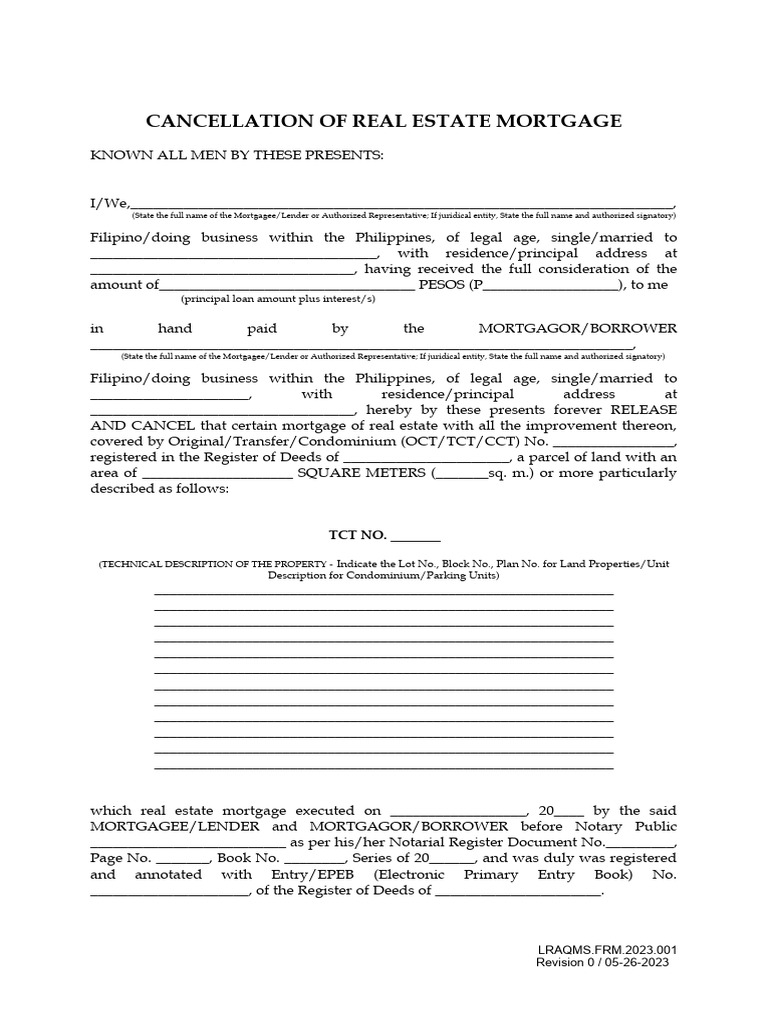 Real Estate Mortgage Cancellation Form | PDF | Mortgage Law | Law And ...