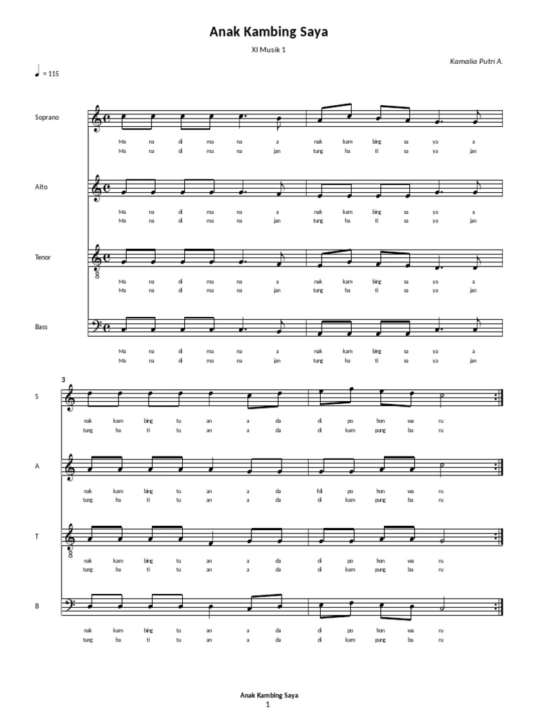 Partitur Paduan Suara Anak Kambing Saya (Lyrics) | PDF