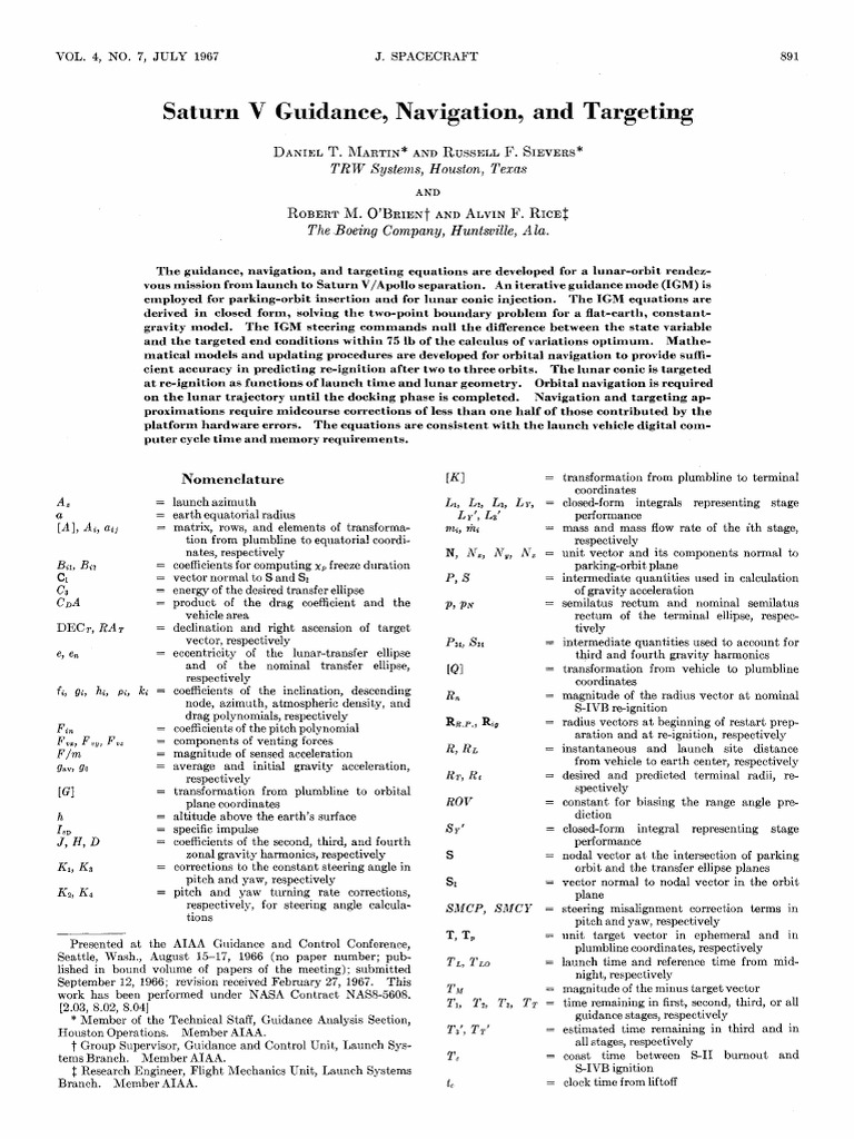 Saturn Guidance Navigation and Targetting | PDF | Saturn V | Inertial ...