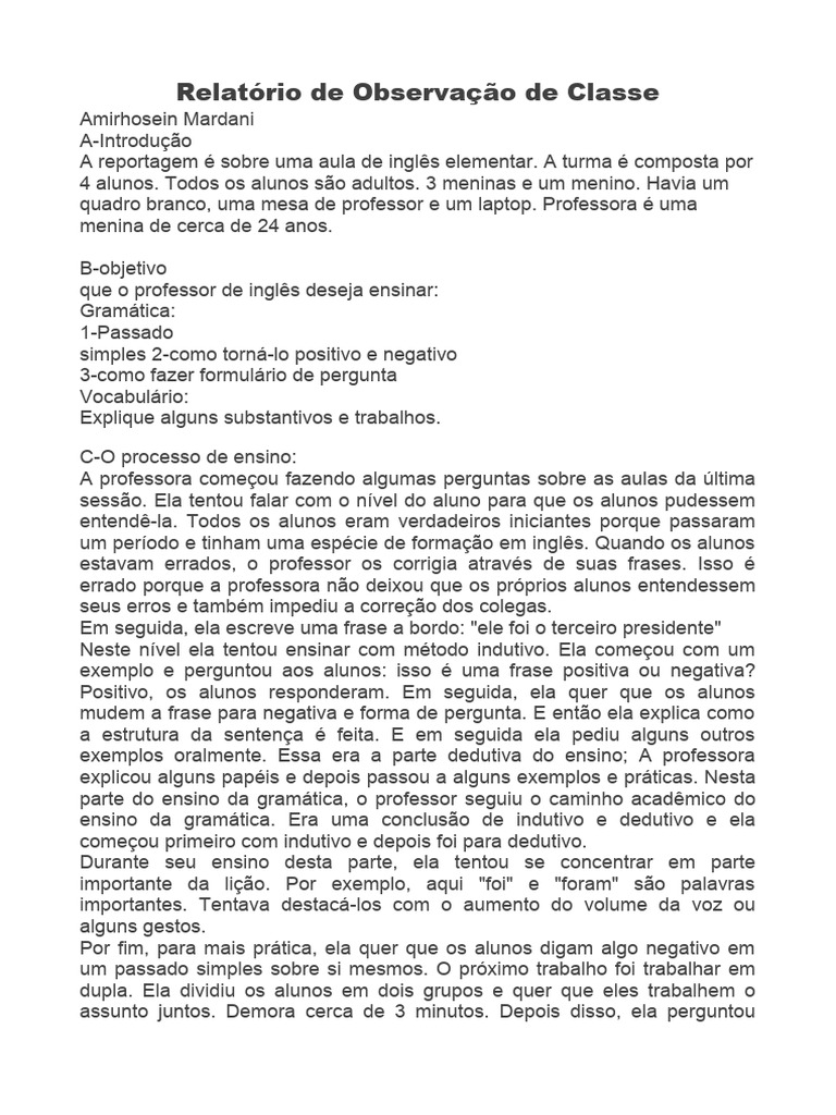 Modelo De Relatorio De Observacao De Aulas