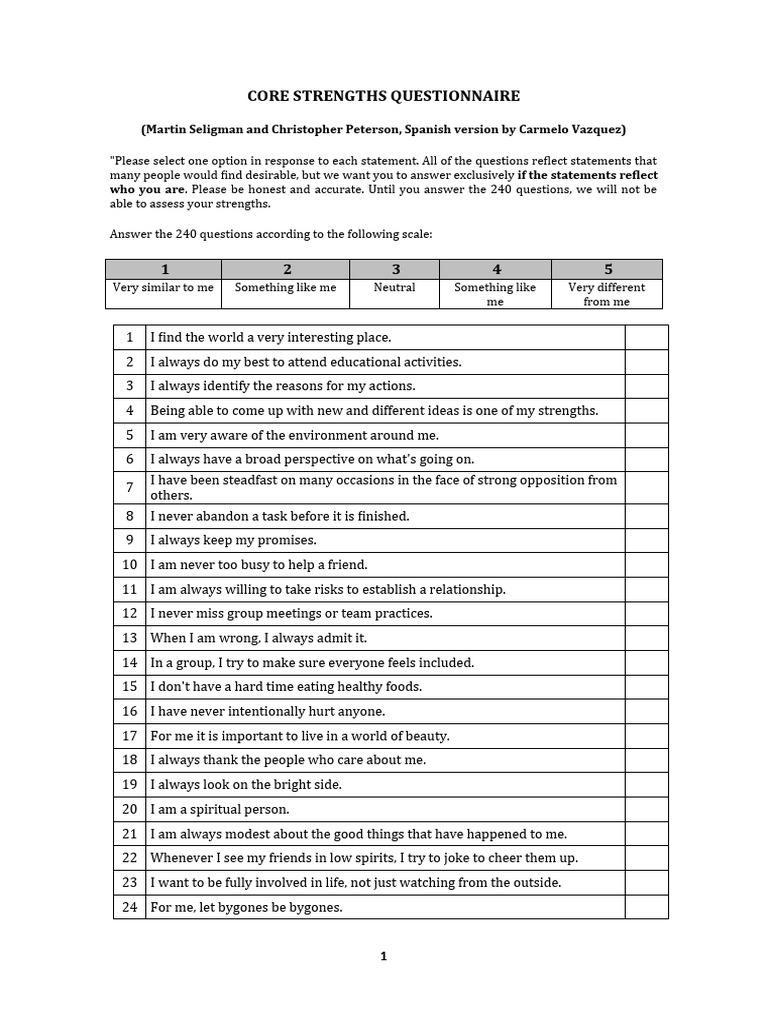 Personal Strengths Questionnaire PDF Courage Emotions