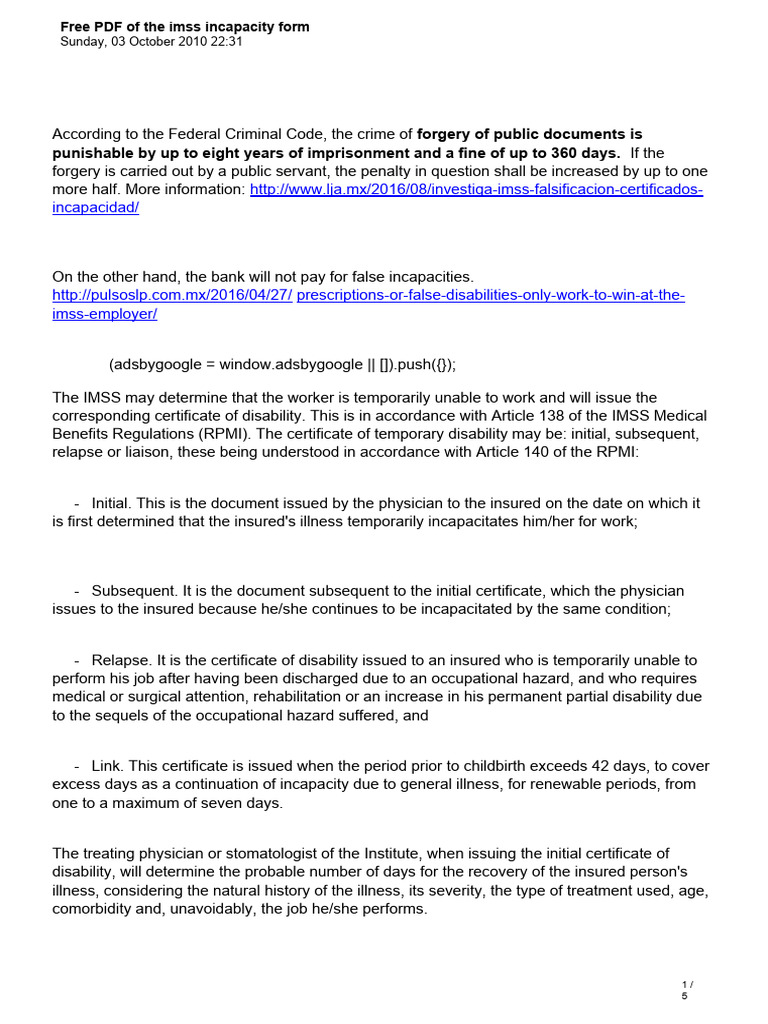 IMSS Incapacity Form PDF Guide | PDF | Childbirth | Salary