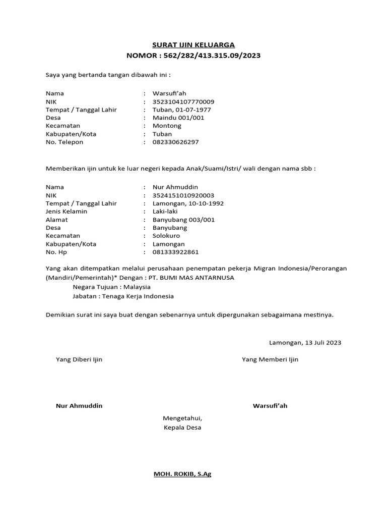 Surat Ijin Keluarga | PDF