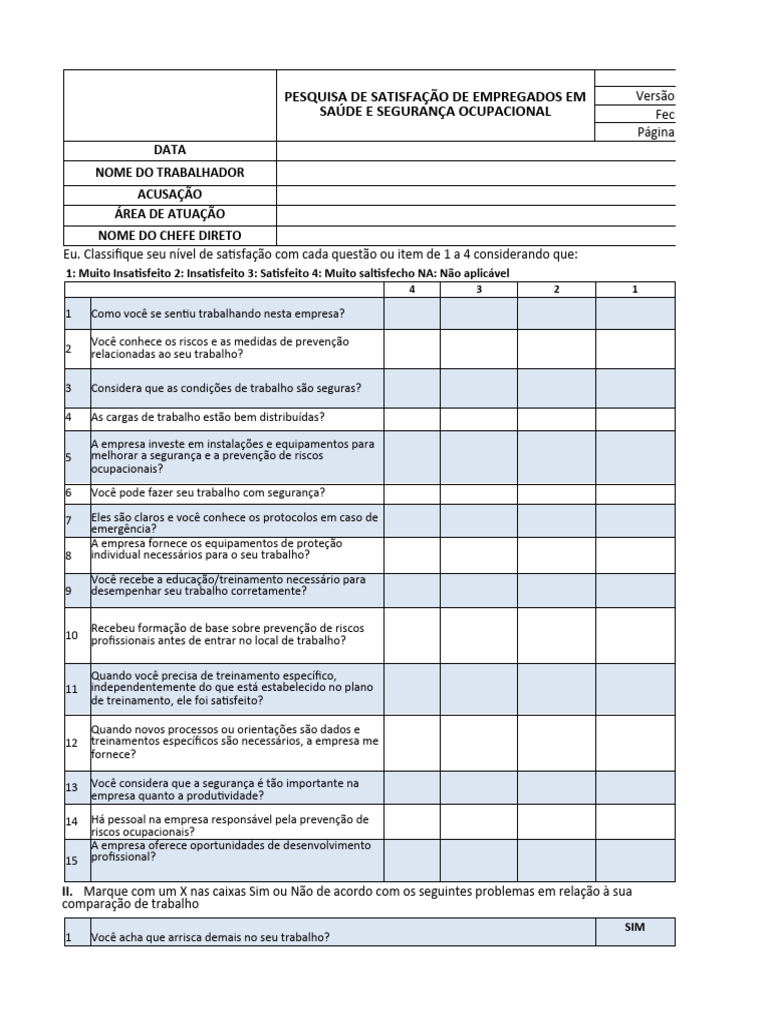 Formato Da Pesquisa De Satisfação Do Colaborador Sst Pdf