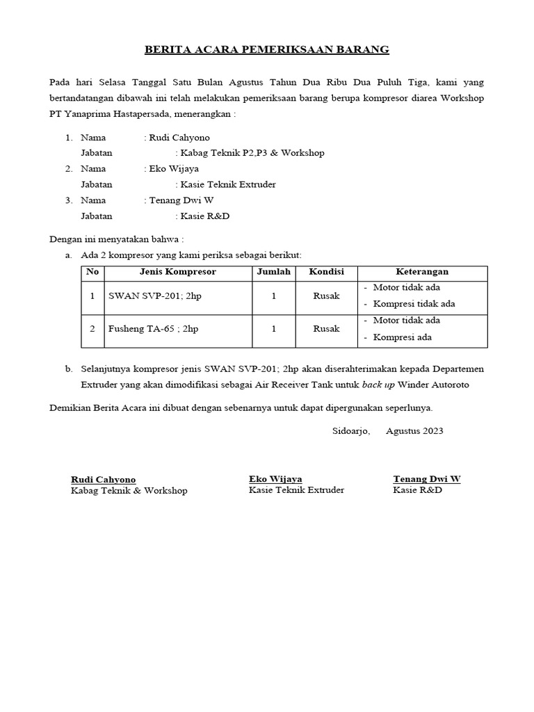 Berita Acara Pemeriksaan Barang | PDF