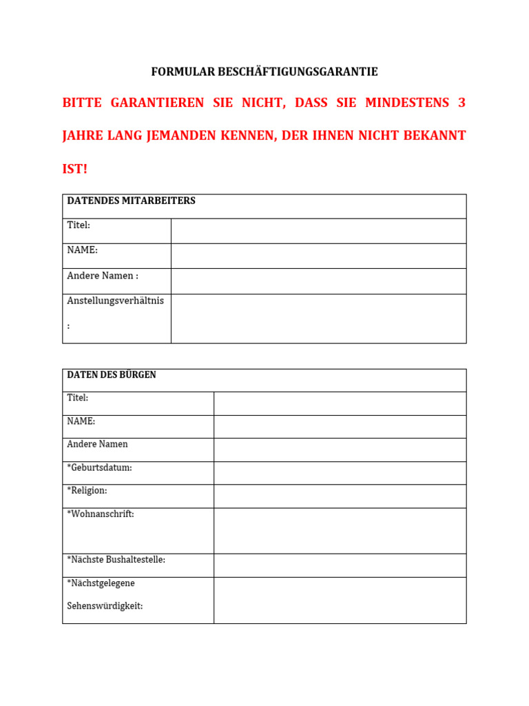 Formular Für Den Beschäftigungsgaranten | PDF