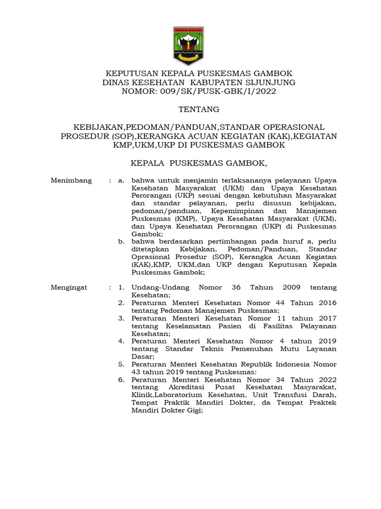Kebijakan dan SOP Puskesmas Gambok | PDF