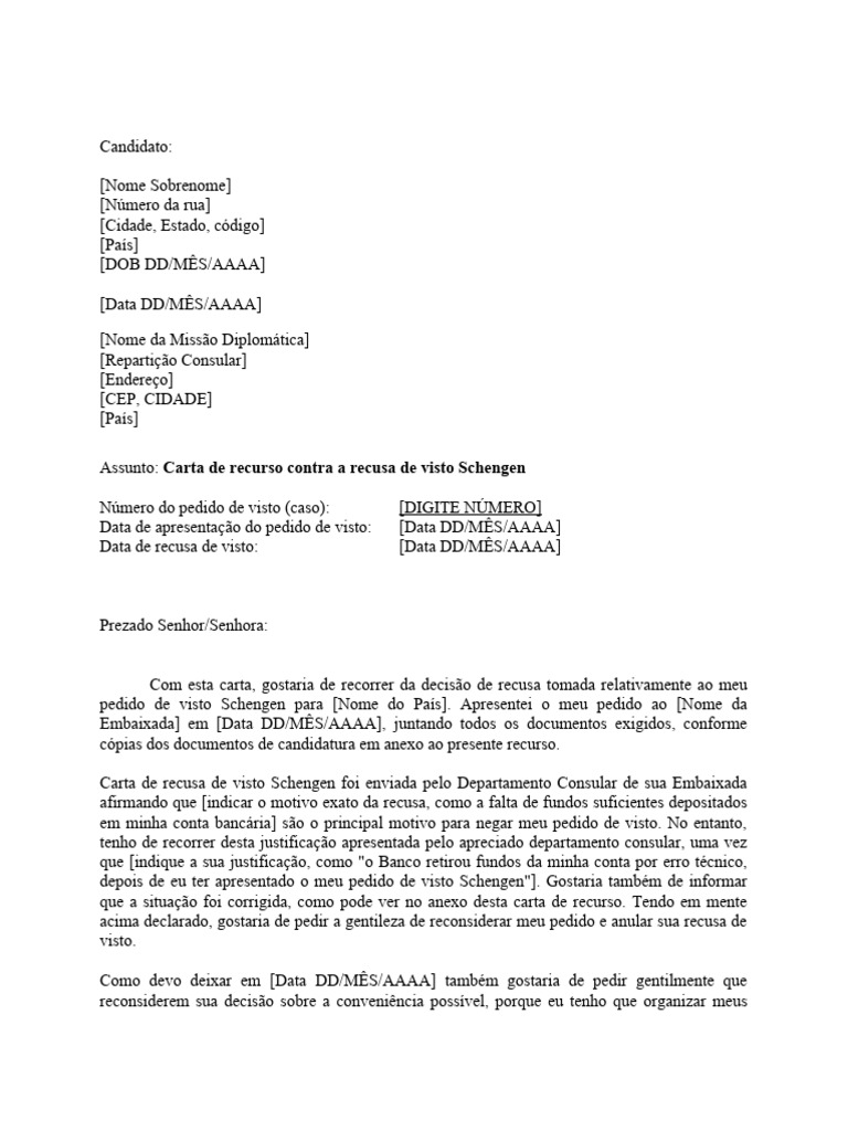 Recurso de Visto Schengen: Modelo de Carta | PDF