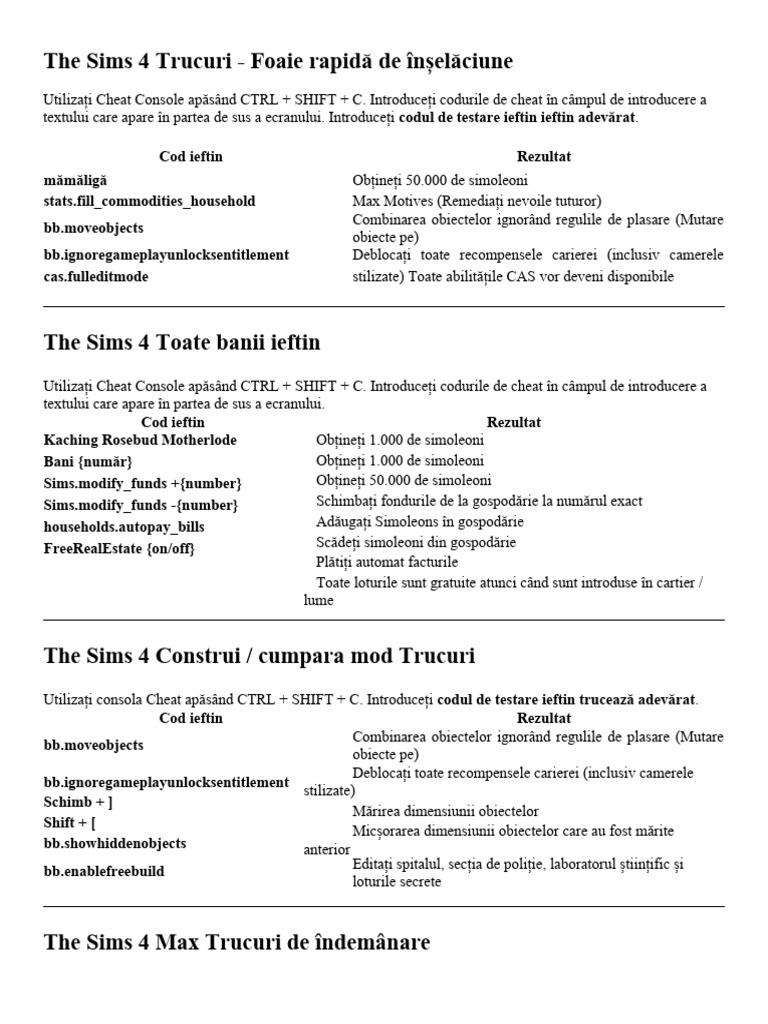 Trucuri The Sims 4 | PDF
