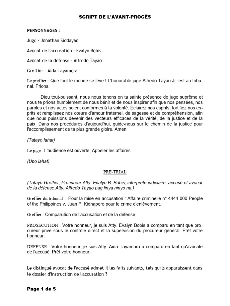 Script d'Avant-Proces : Enlèvement et Extorsion | PDF | Greffier | Avocat