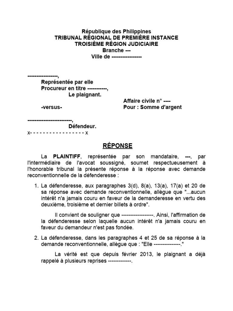 Réponse à la demande reconventionnelle | PDF | Justice | Crime et violence