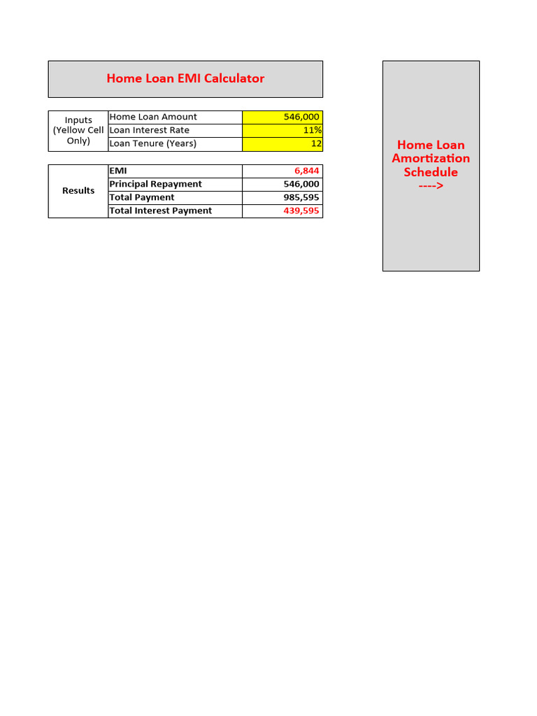 Home Loan EMI Calculator Amortization Schedule PDF Loans Mortgage