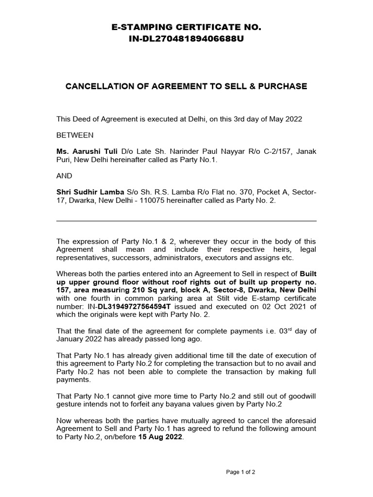 Cancellation of Agreement To Sell | PDF