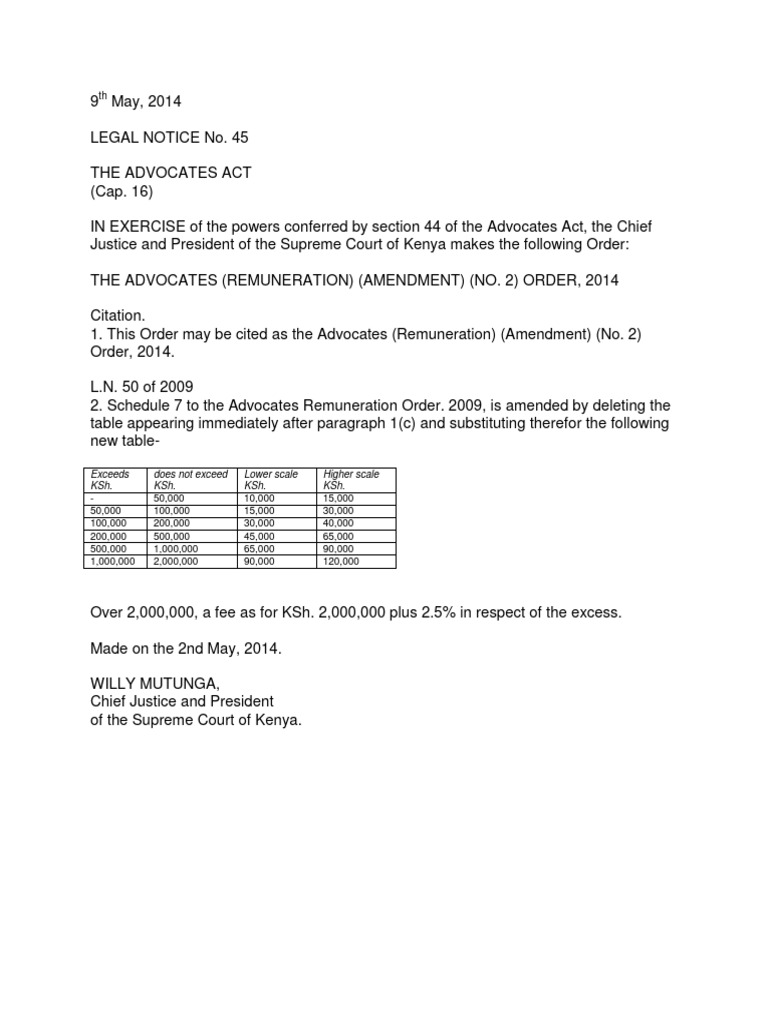 Advocates Act Remuneration Amendment Order No 2 2014 PDF