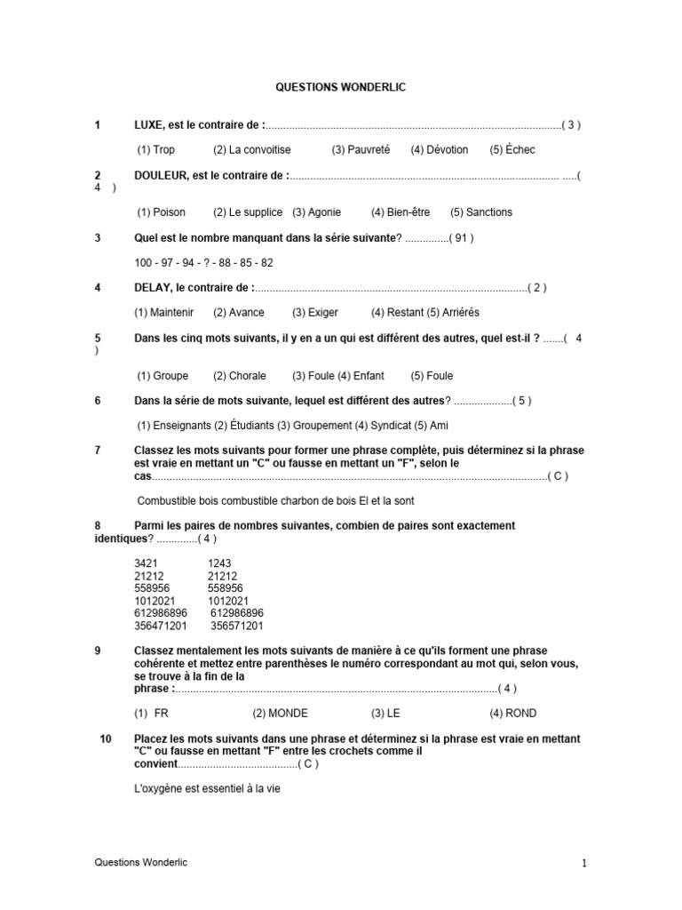 Test de Questions Wonderlic et Réponses | PDF | Histoire