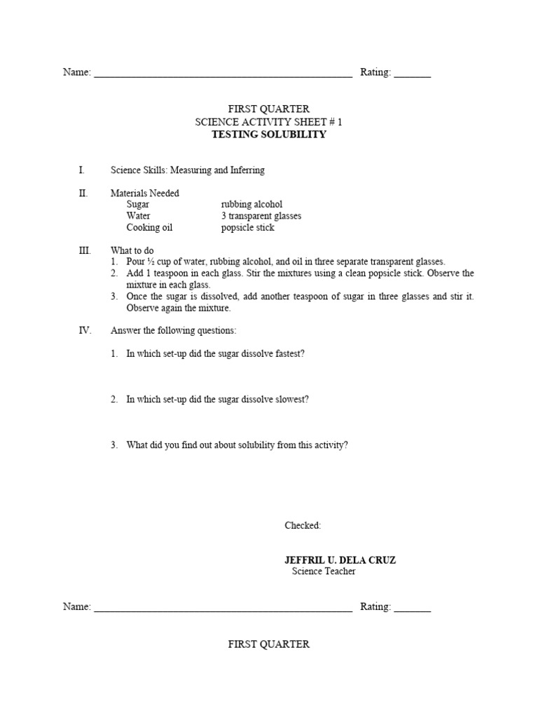 Science 6 Activity Sheet First Quater PDF Water Mixture