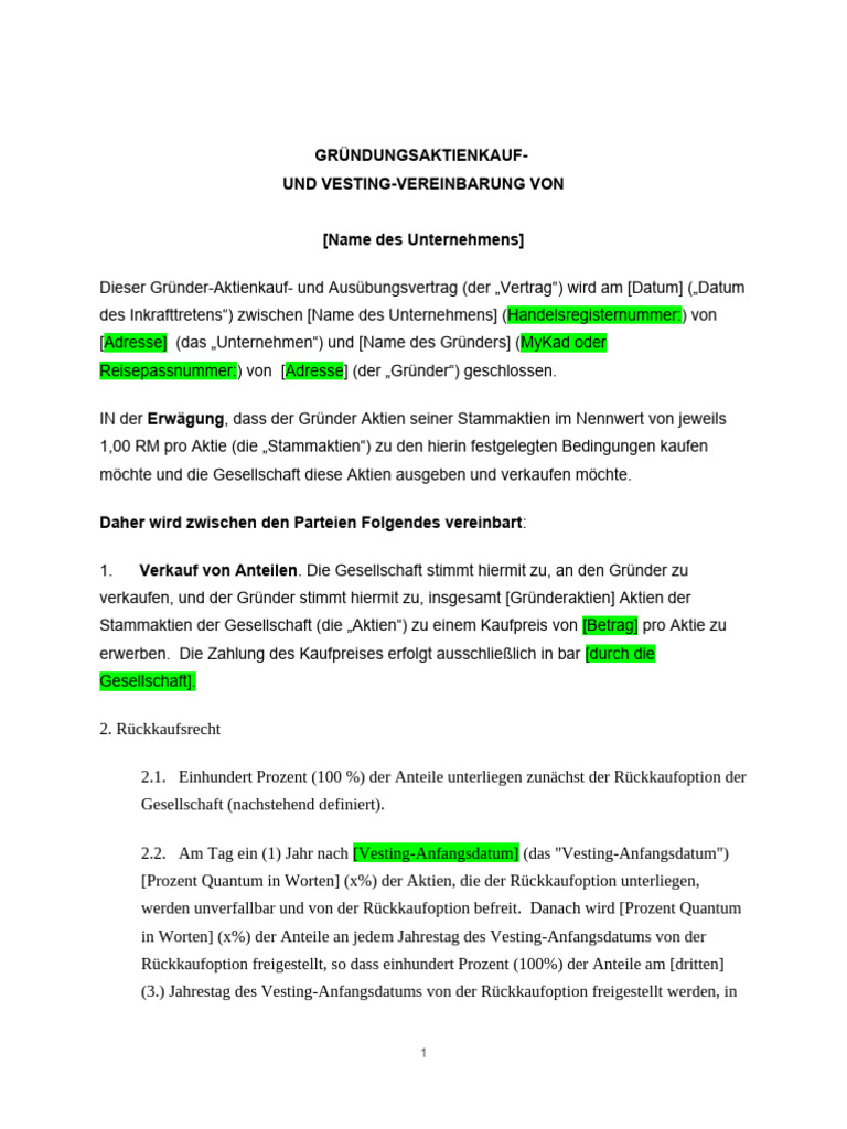 Vorlage Für Eine Vesting-Vereinbarung | PDF