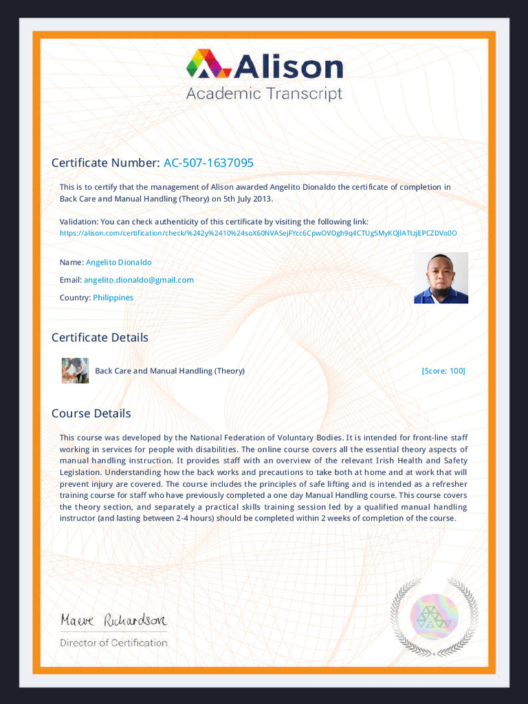 Alison certificate transcript back care and manual handling theory pdf