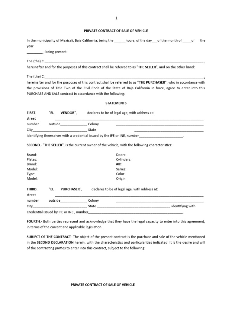 Private Vehicle Purchase and Sale Contract PDF Business Law