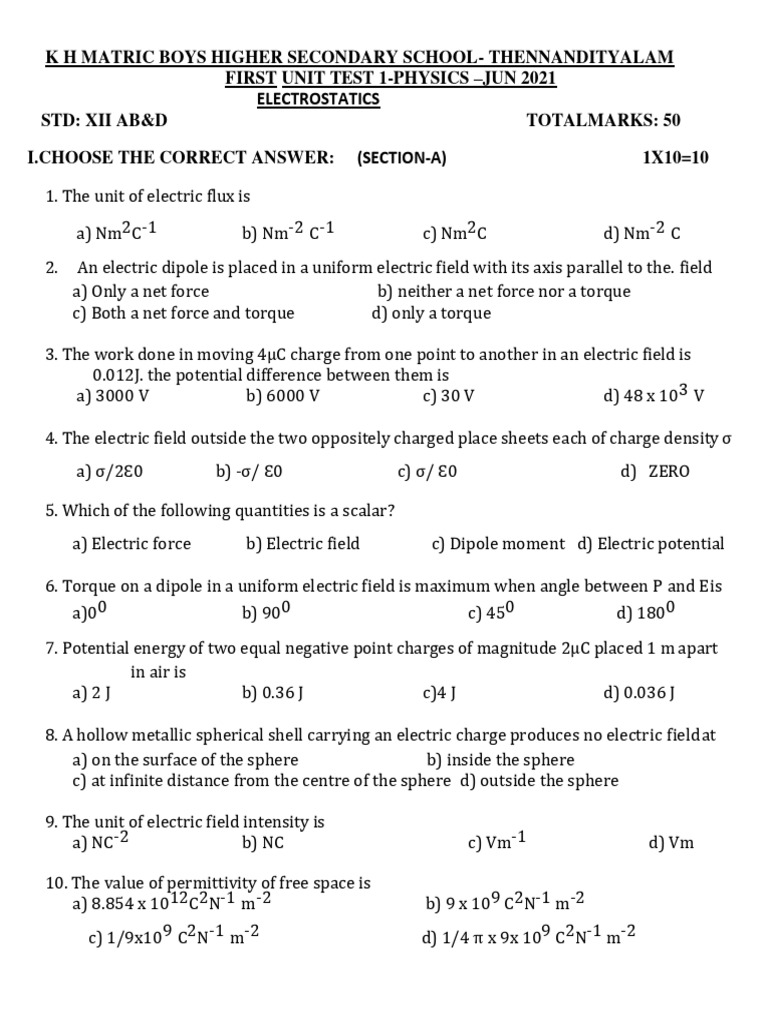 Grade 12 Physics Unit Test Papers
