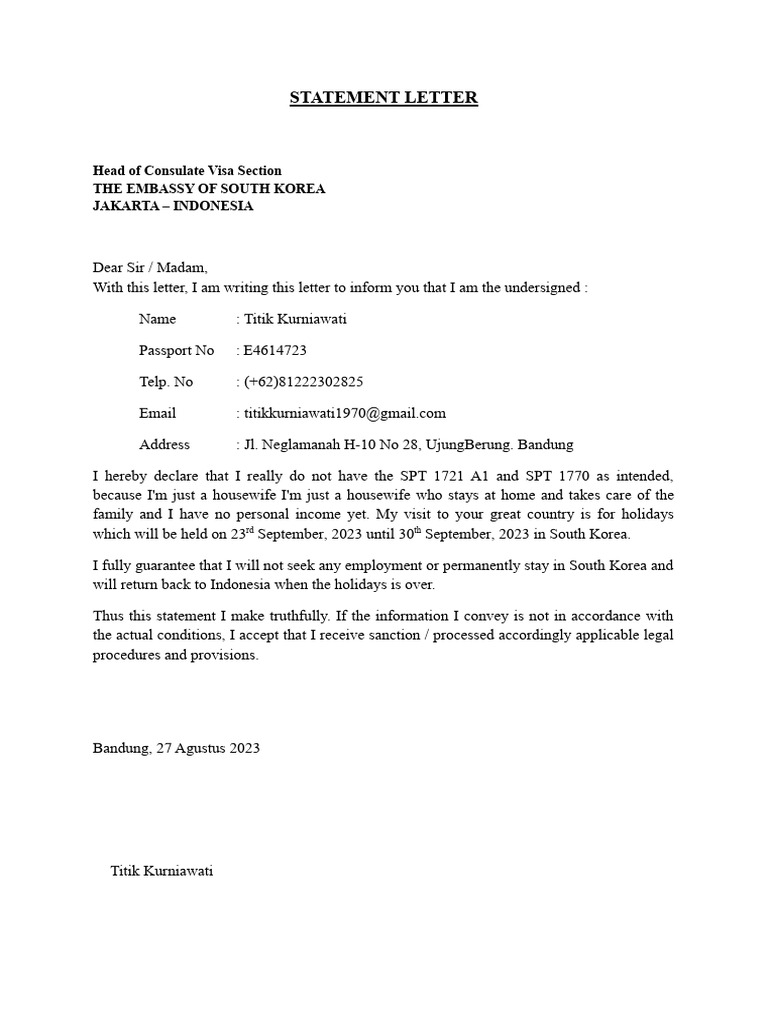 Visa Statement for Housewife | PDF