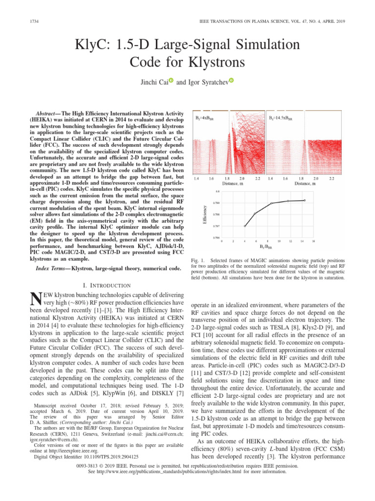 IEEE TPS KlyC 1.5D Large Signal Simulation Code For Klystrons PDF