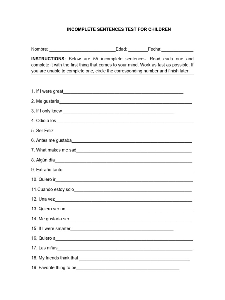 Incomplete Sentences Test for Children | PDF