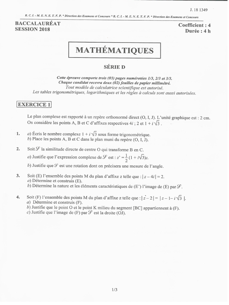 Epreuve Bac 2018 Mathematiques Serie D, Cote D'ivoire | PDF