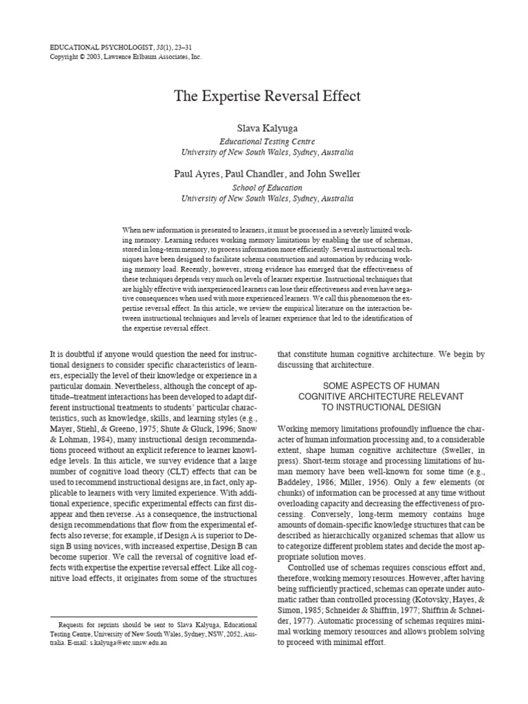 The Expertise Reversal Effect | PDF | Expert | Learning